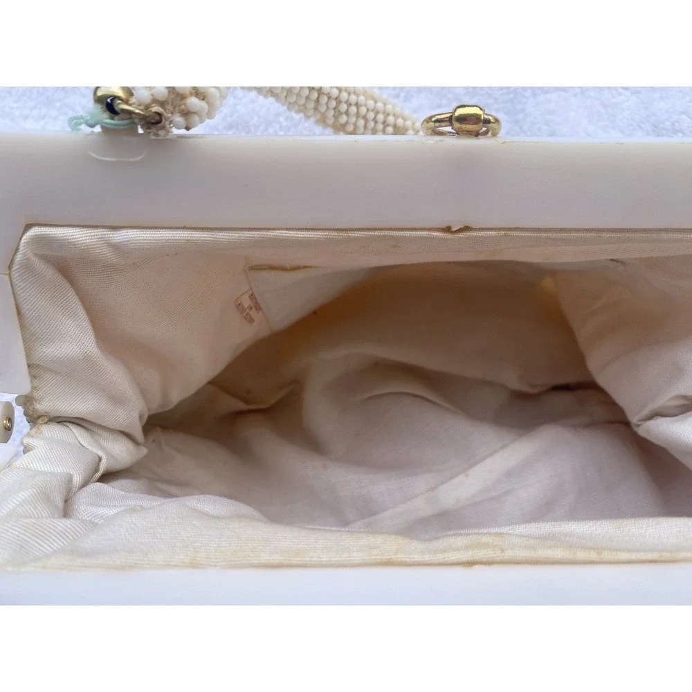 VTG‎ 1940s White Beaded Handbag Celluloid Frame Purse Handmade Hong Kong